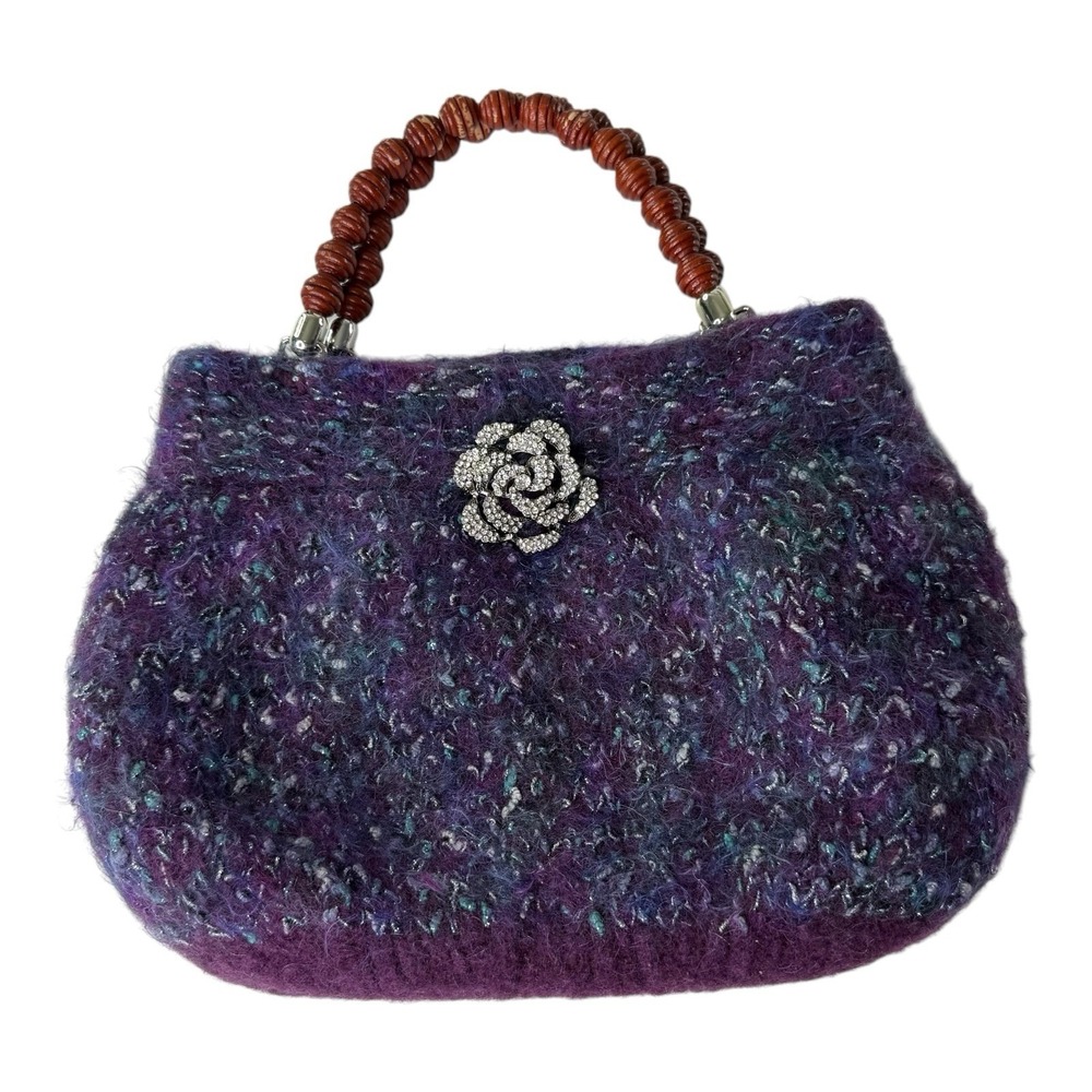 Vintage Purple Knit Handbag Rhinestone Rose Clasp Beaded Handle Evening Bag